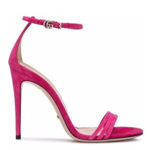 Gucci Suede Leather Crystal Logo Embellishments Sandals Heels Pink Sz 36.5 / 6.5